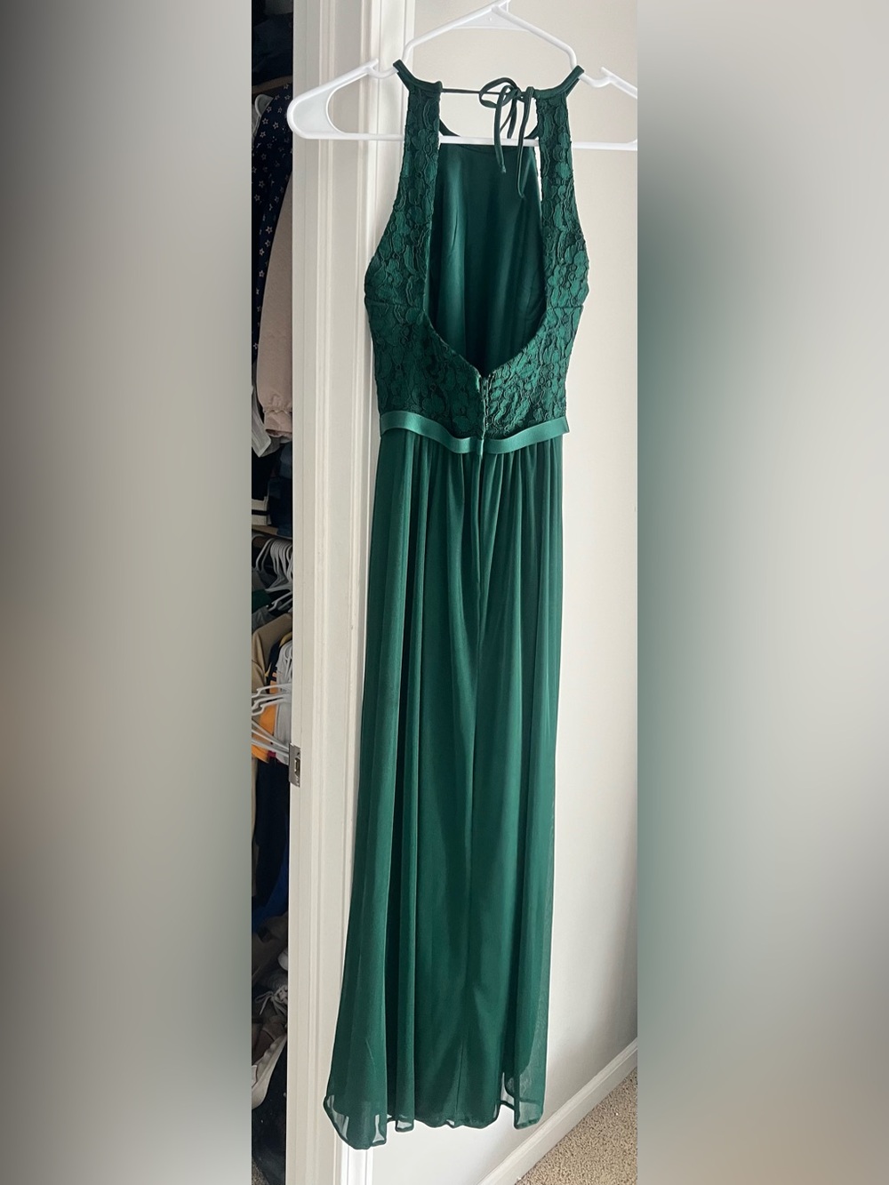 David's Bridal Forest Green Lace Halter Formal Dress - Picture 2 of 4